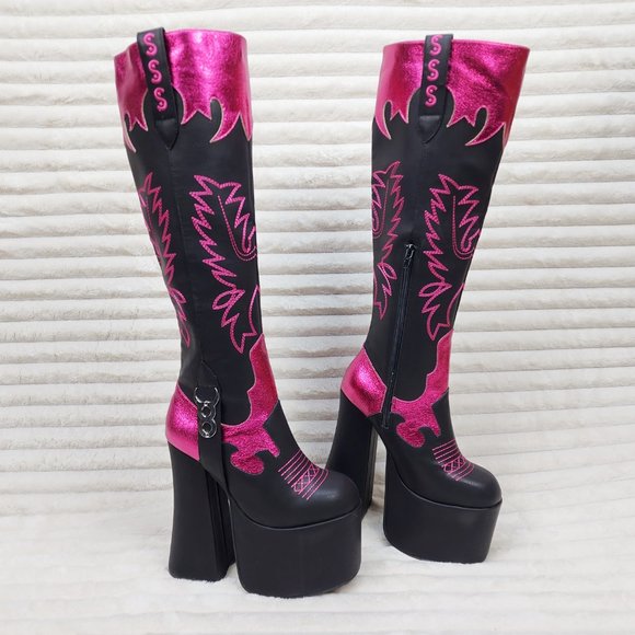Free Your Mind Western Designed Platform Chunky Heel Knee Boots Festival Gothic - Picture 3 of 17